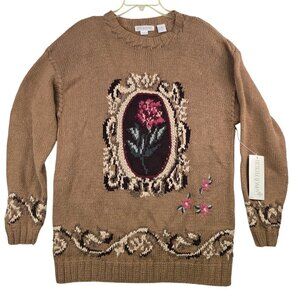 Vintage Heirloom Handknit Sweater XL Tan Deadstock Cottagecore Granny Oversized